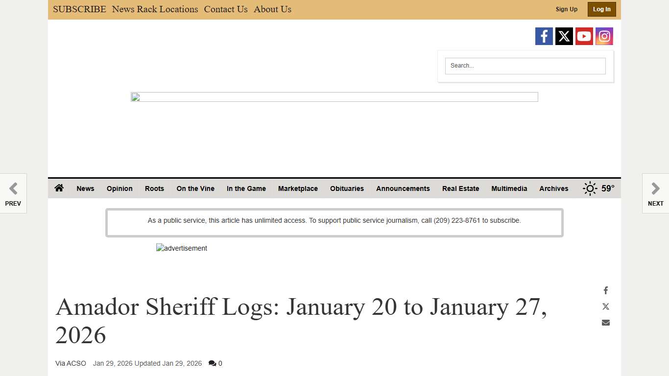 Amador Sheriff Logs: January 20 to January 27, 2026 News ledger.news